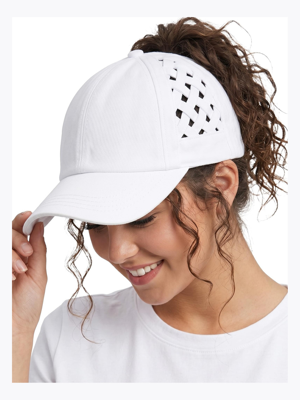 Criss Cross Ponytail Cap, Messy Bun Distressed | Basketweave, White | Size OS